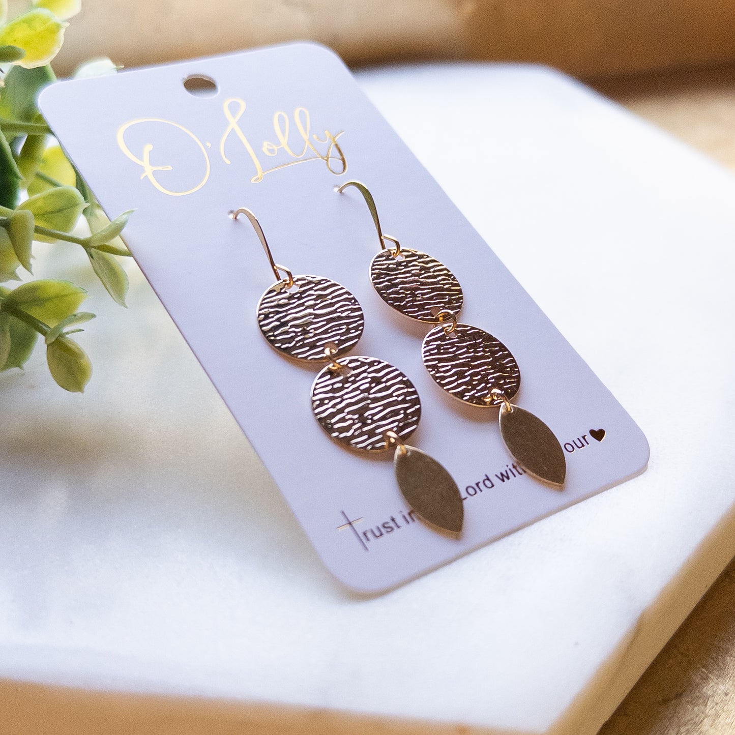 Double Gold Textured Disc w/Leaf Shape Dangle “Eloise”