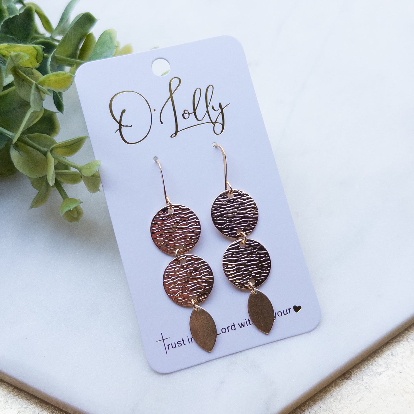 Double Gold Textured Disc w/Leaf Shape Dangle “Eloise”