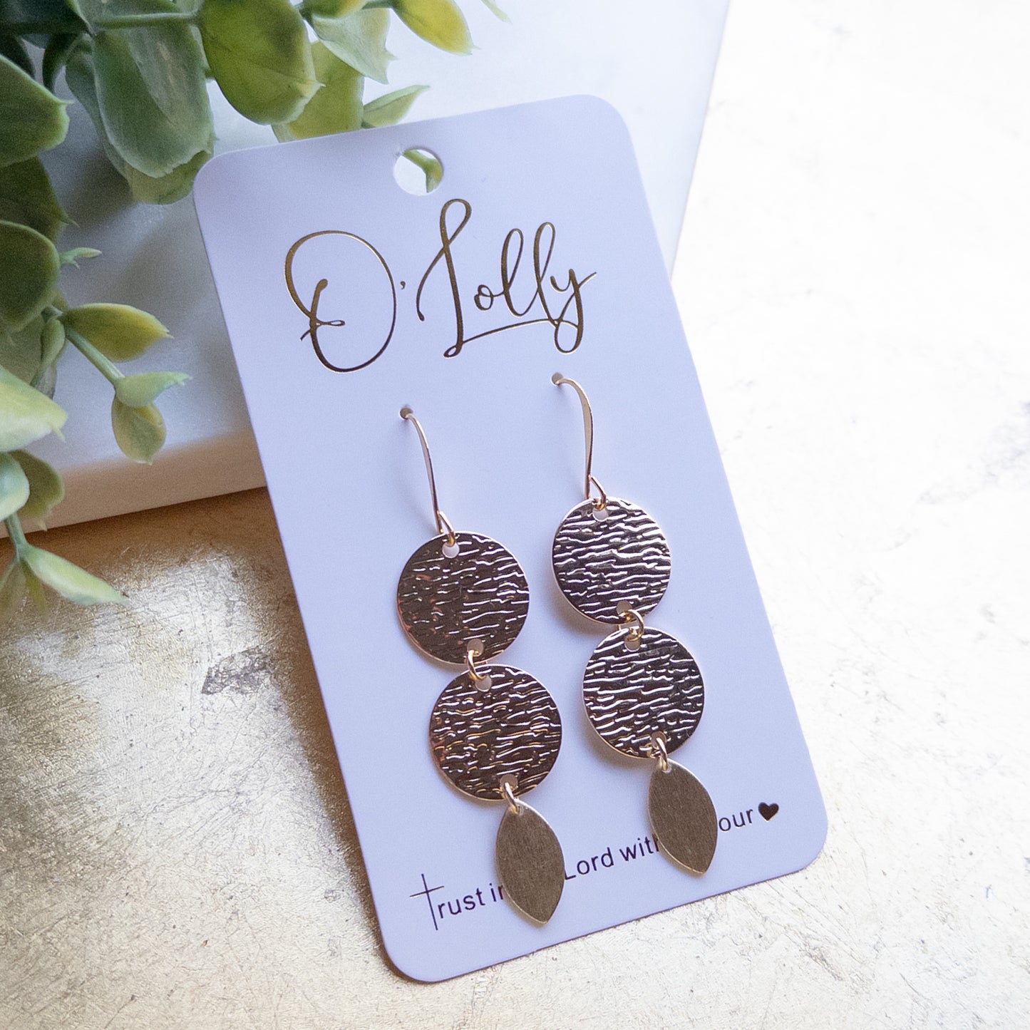 Double Gold Textured Disc w/Leaf Shape Dangle “Eloise”