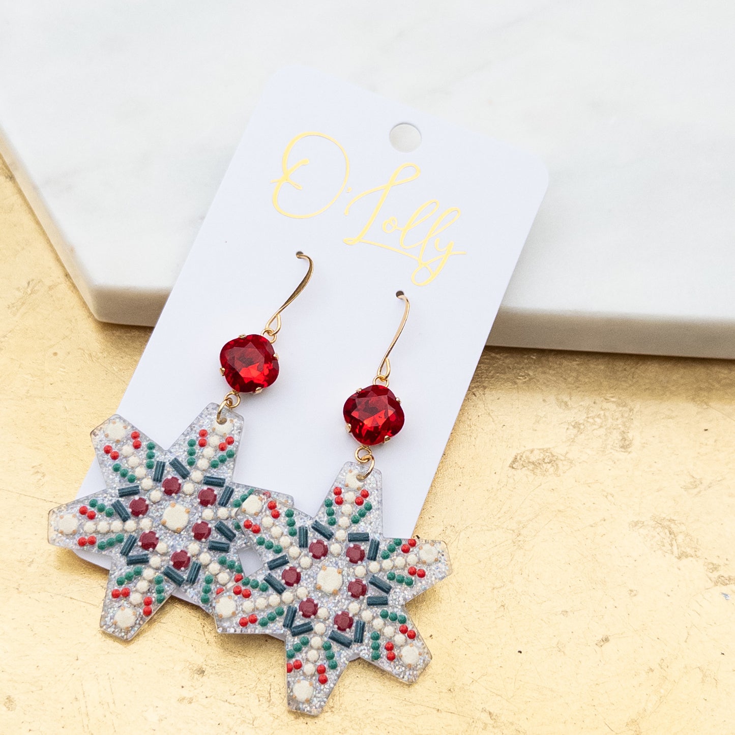 Acrylic Silver Glitter Snowflake w/Red Stone