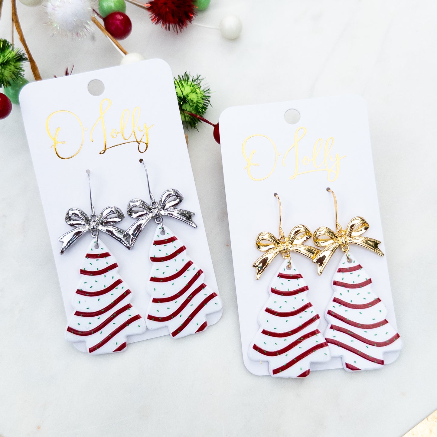 Christmas Tree Cake w/Bow Earrings