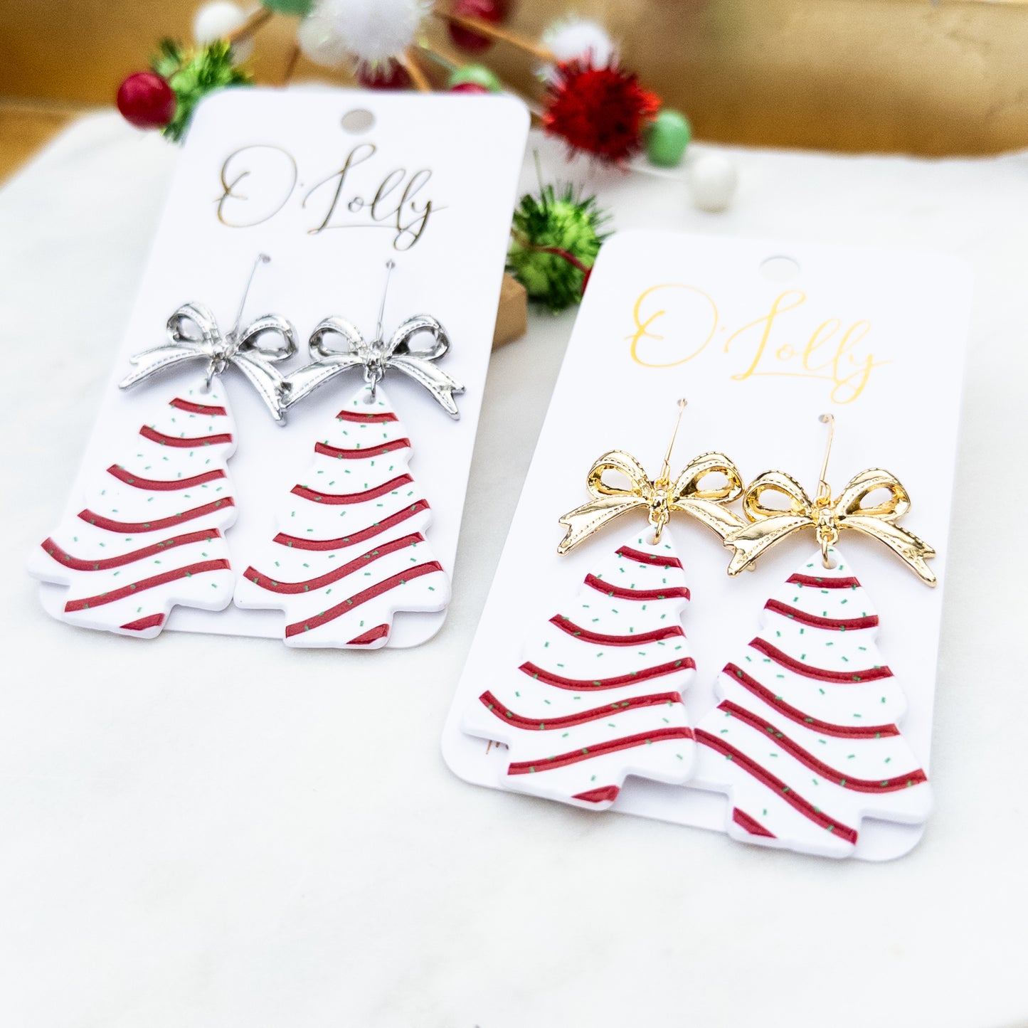 Christmas Tree Cake w/Bow Earrings