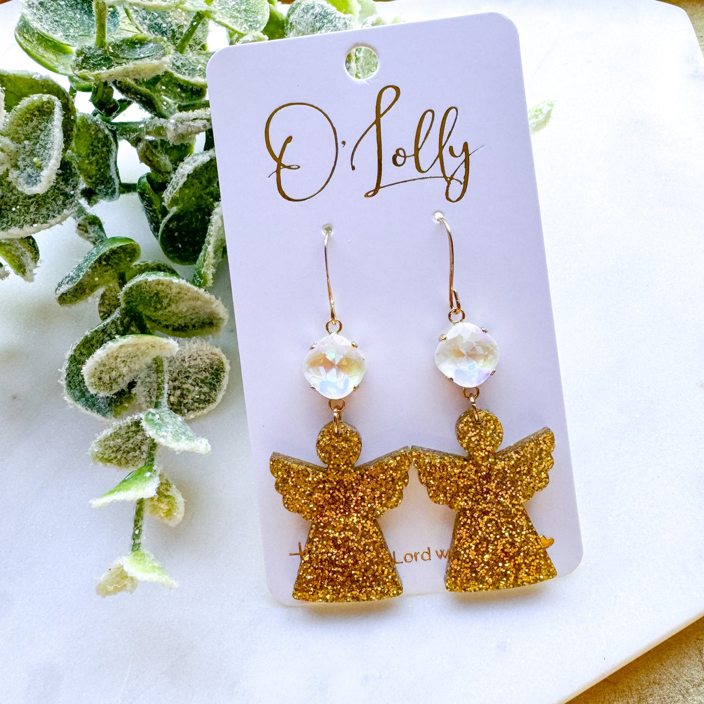 O’Lolly “Angel” Earrings- Clear Stone with White/Light Blue Acrylic Angel
