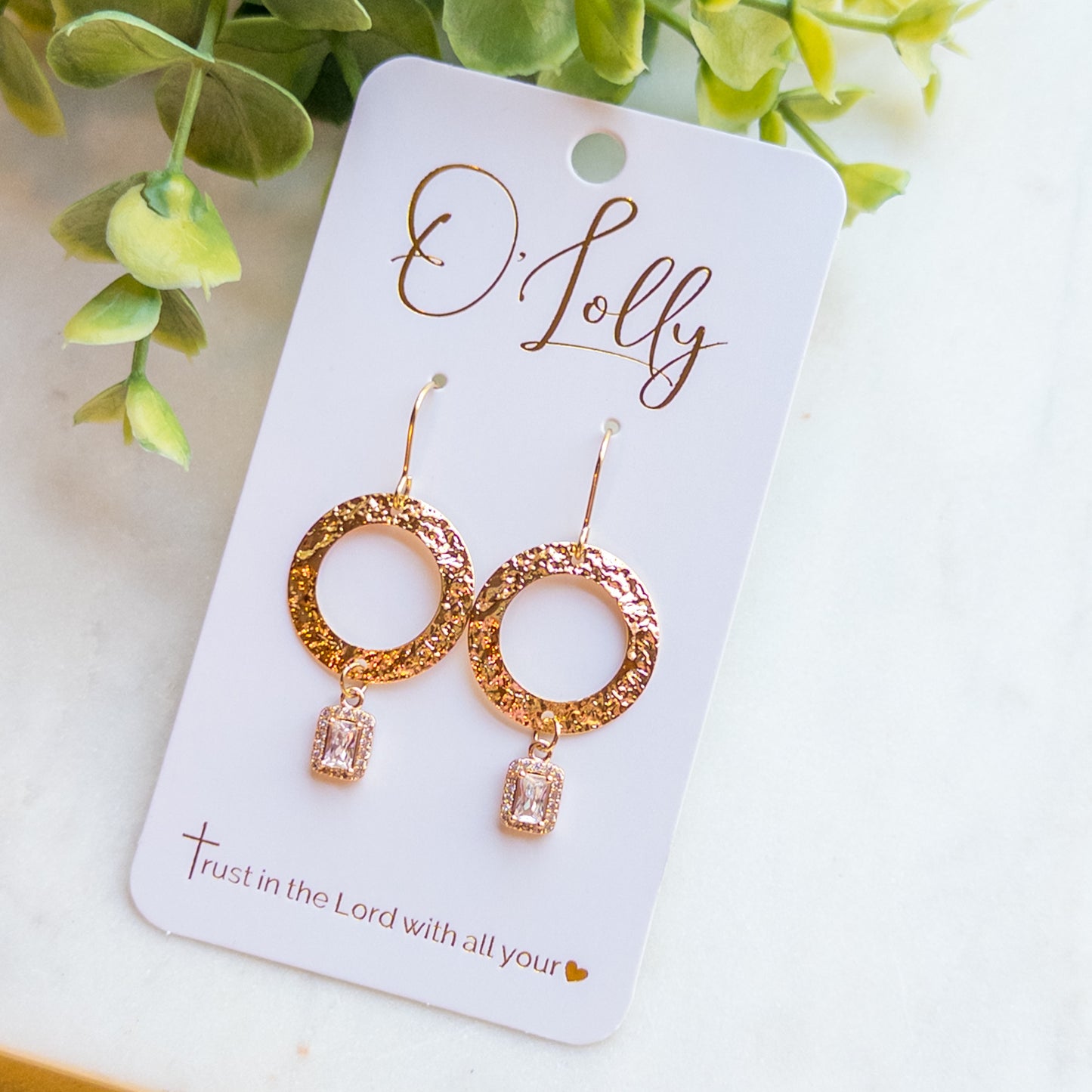 GoldTextured Open Circle w/Cubic Zirconia Rectangle Dangle Earrings “Sassy”