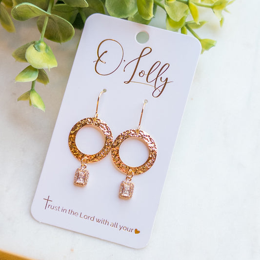 GoldTextured Open Circle w/Cubic Zirconia Rectangle Dangle Earrings “Sassy”