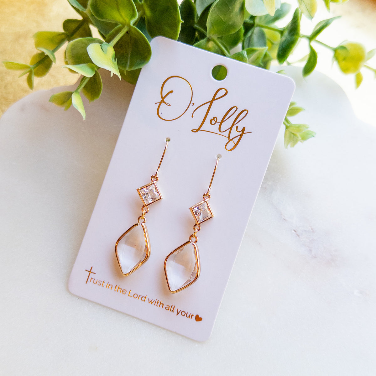 Gold Clear Crystal Geometric Drop Earring “Brighton”