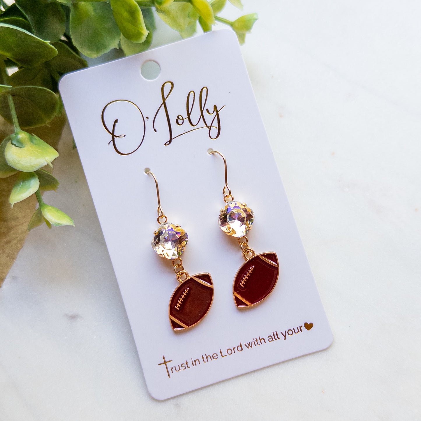Gold Football & Crystal Dangle Earrings- “Hail Mary”