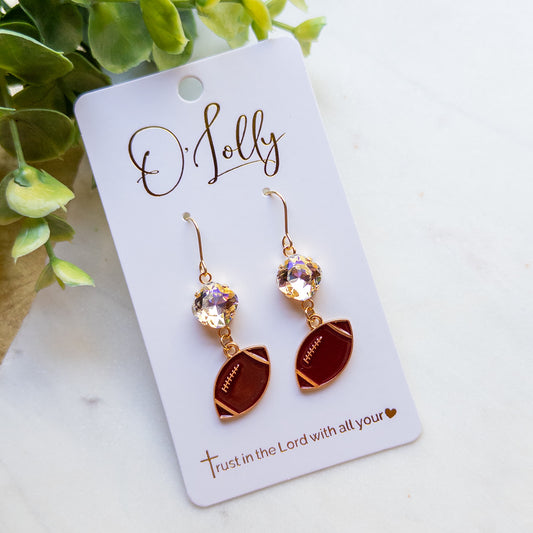 Gold Football & Crystal Dangle Earrings- “Hail Mary”