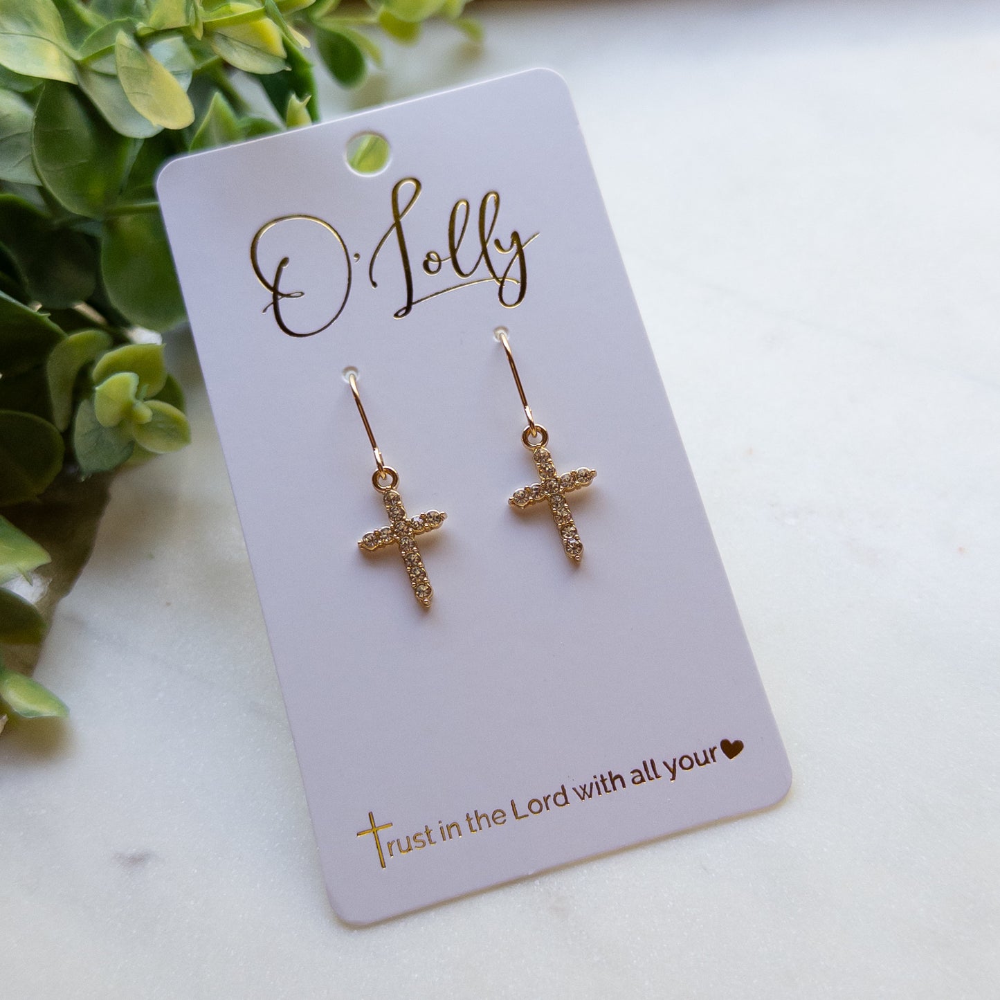 Gold Crystal Cross Dangle Earrings – Rhinestone Cross Earrings “Ruth”