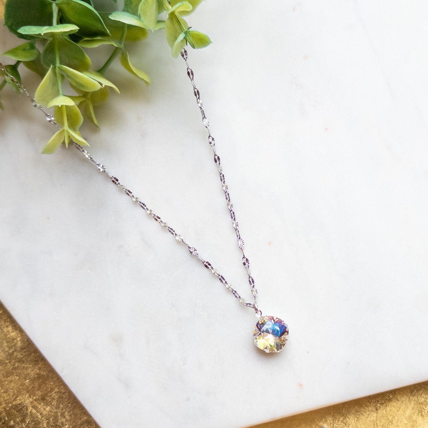 Silver Faceted Chain Necklace w/12mm Clear Cushion Stone