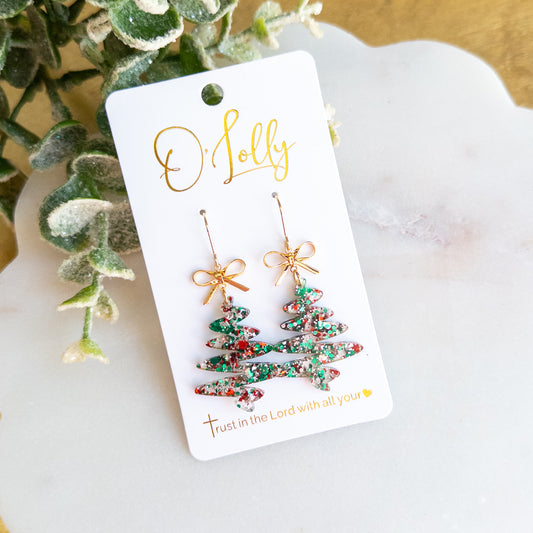 Christmas Tree Glitter Dangle Earrings – Red & Green Confetti with Gold Bows