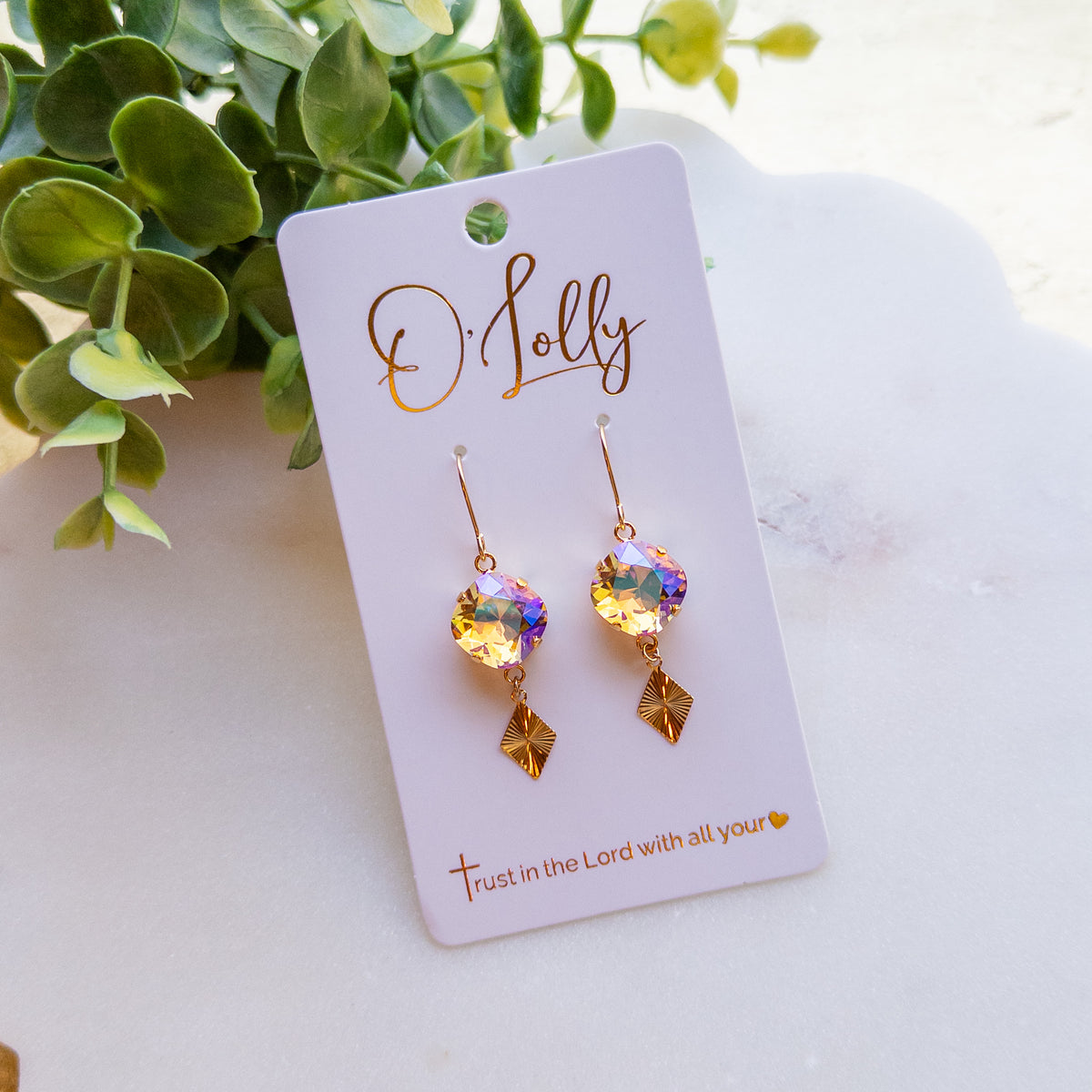 Gold Iridescent Crystal Charm Earrings “Burny”