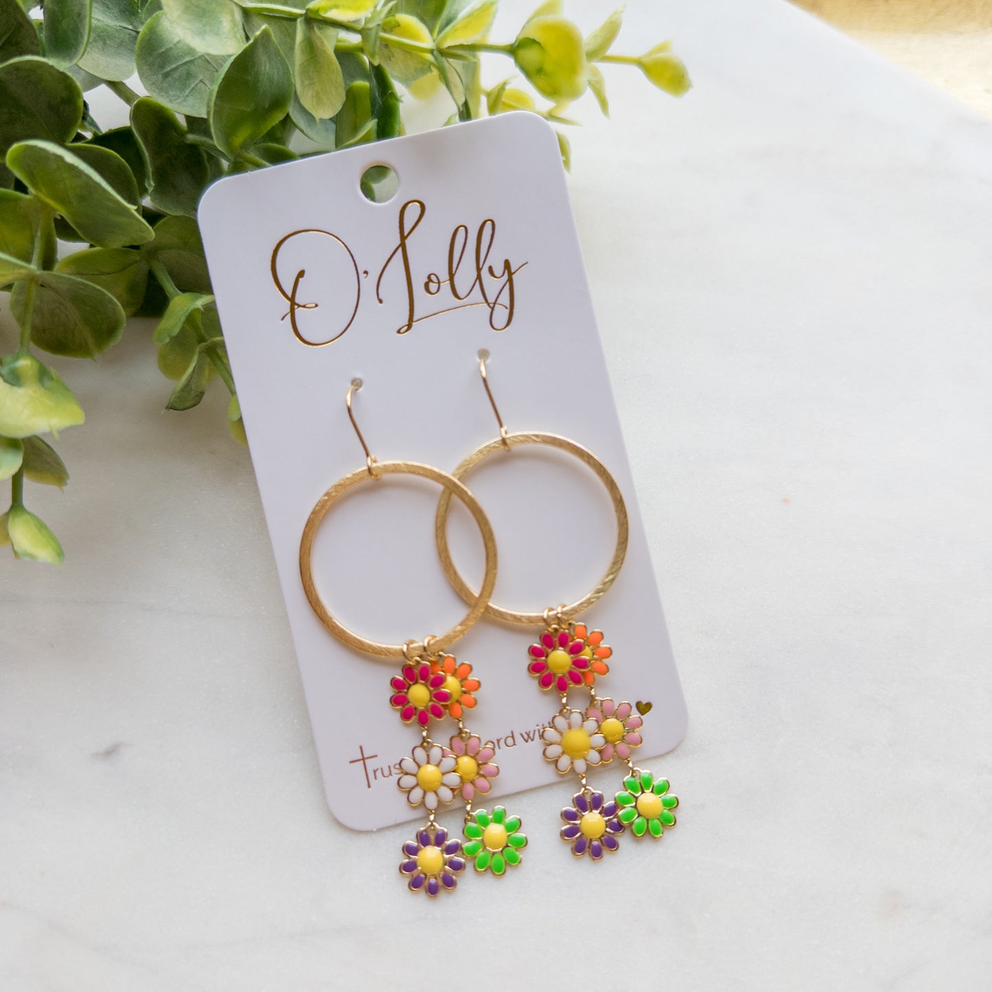 Gold Hoop w/Colorful Flower Dangles - “Alisha”