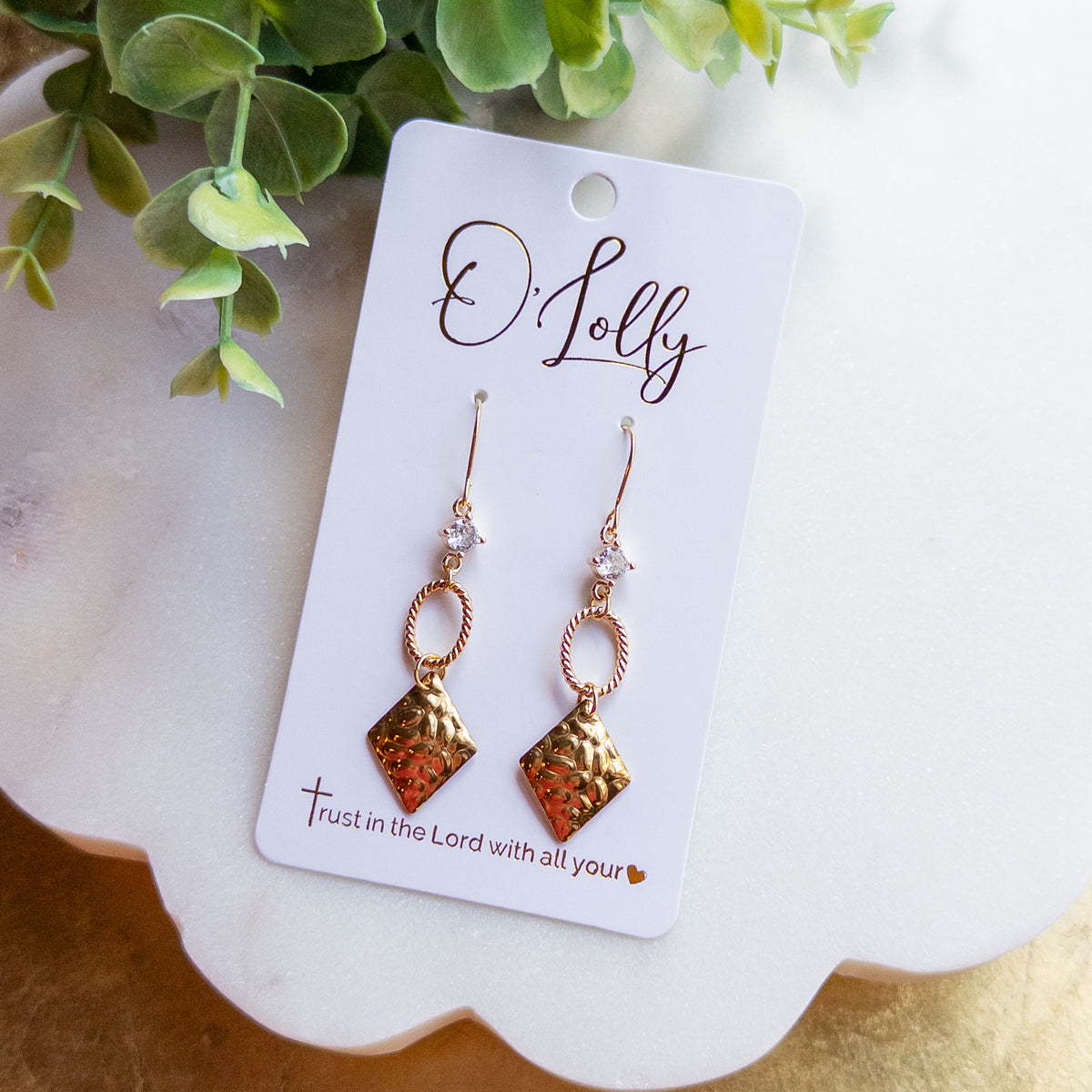 Gold Hammered Diamond Drop Earrings with Crystal Accent