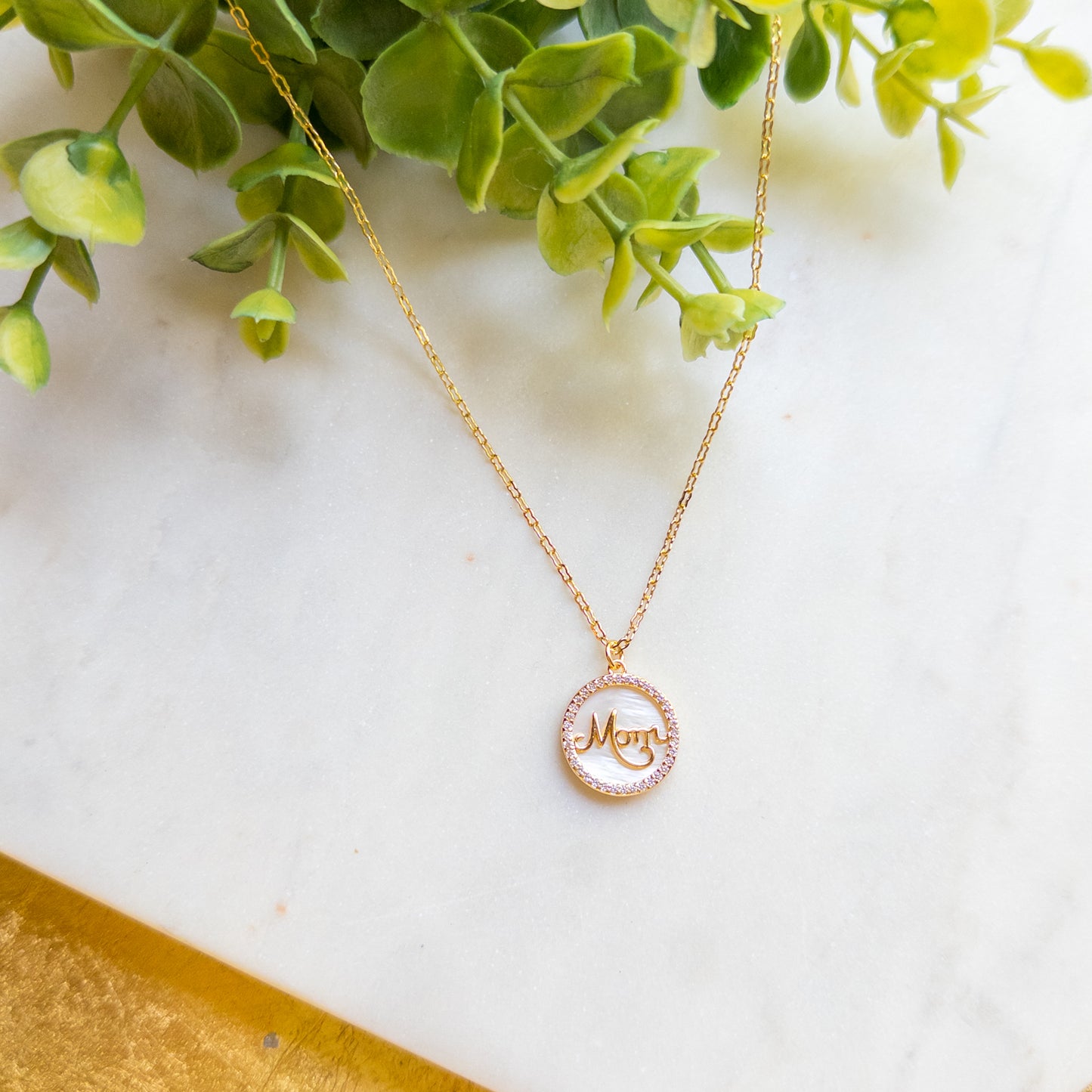 18K Gold Plated Chain w/Gold Rhinestone “Mom” Pearl Shell Pendant Necklace