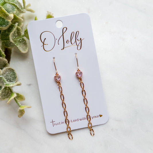 18k Gold Plated Textured Chain Earrings w/Heart Cubic Zirconia Style 6