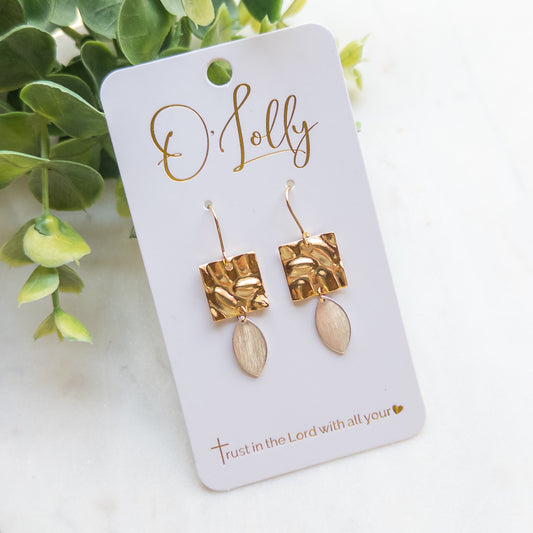 DEAL- Two Toned Gold Textured Square Connector w/ Silver Leaf Shaped Dangle Earrings