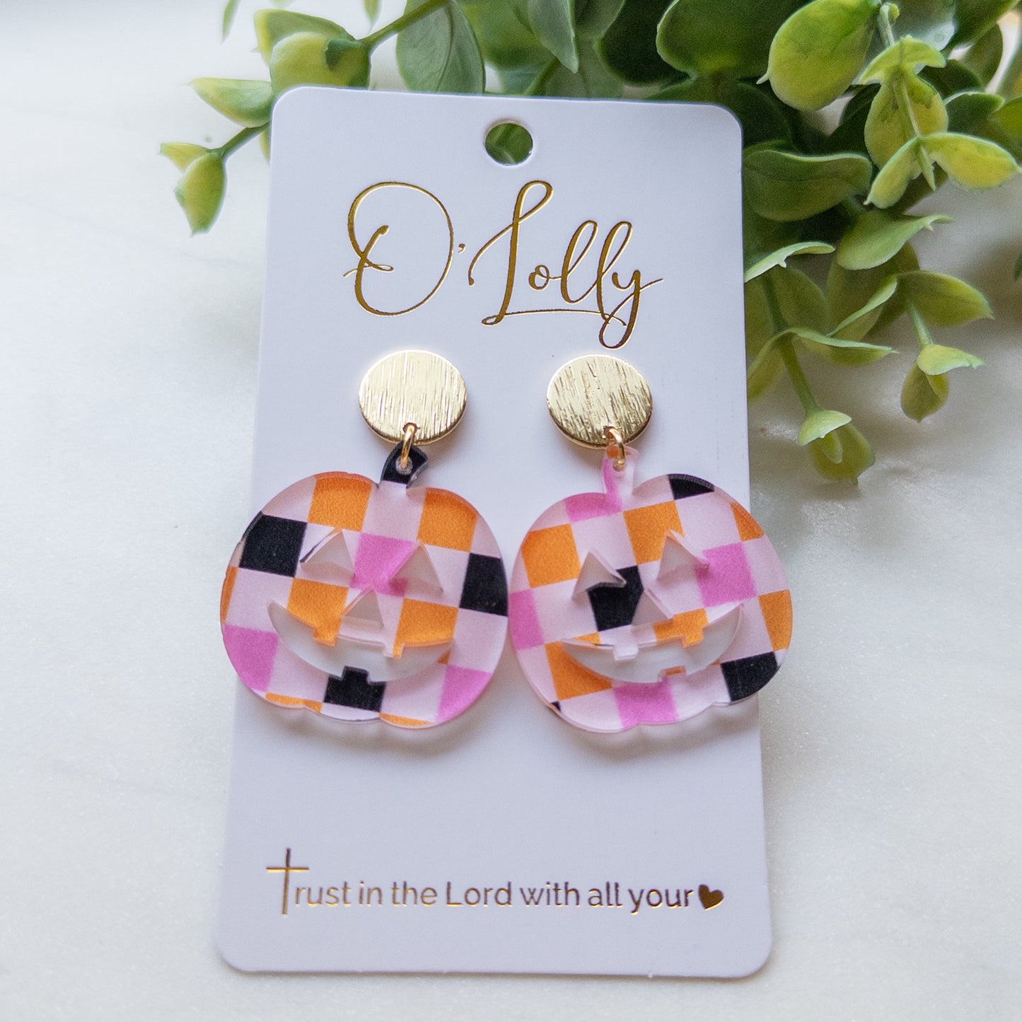 Pink Plaid Pumpkin Earrings- Halloween Style 2