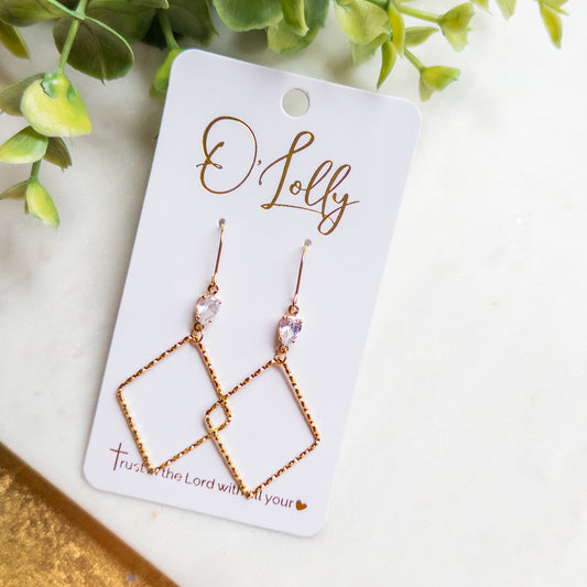 18K Cubic Zirconia Connector w/Gold Plated Textured Rhombus Dangle Earrings “Devin”