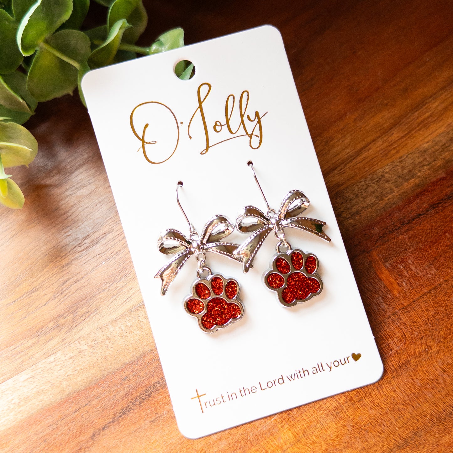 Red Glitter Paw Print Silver Bow Earrings