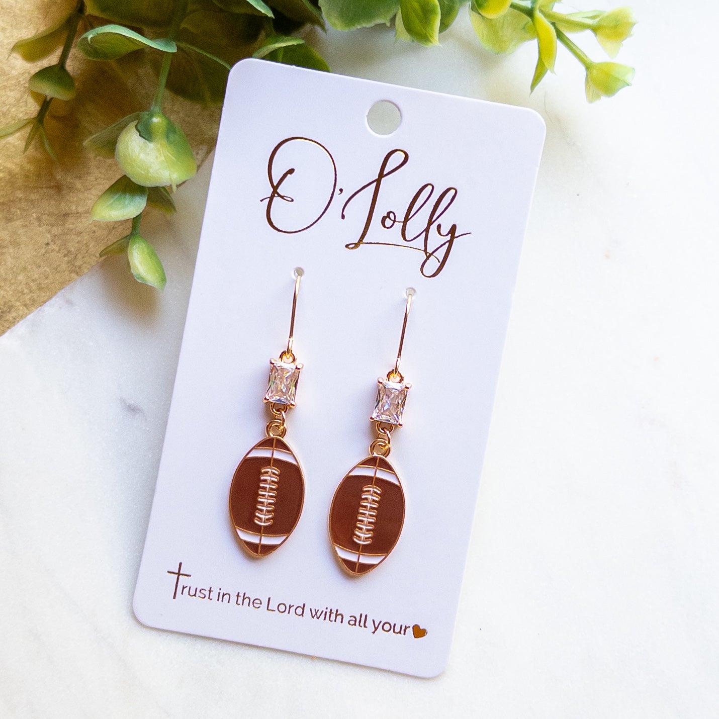 Gold Football Dangle Earrings with Cubic Zirconia Accent “Blitz”