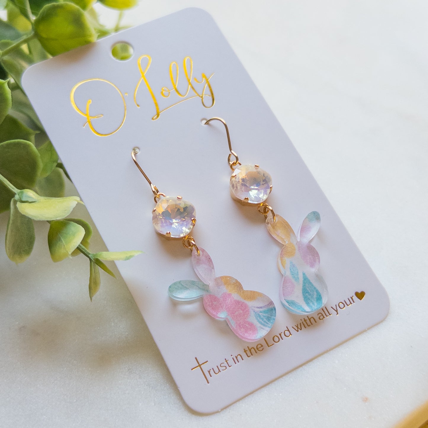 Pastel Acrylic Easter Bunny Earrings w/White Stone- Easter 9