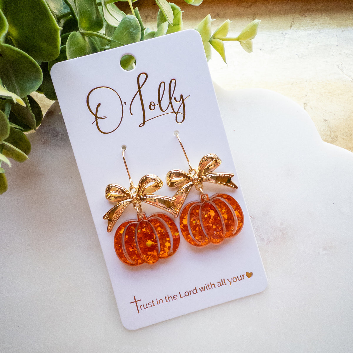 Orange Glitter Pumpkin Dangle Earrings – Gold Bow Accents