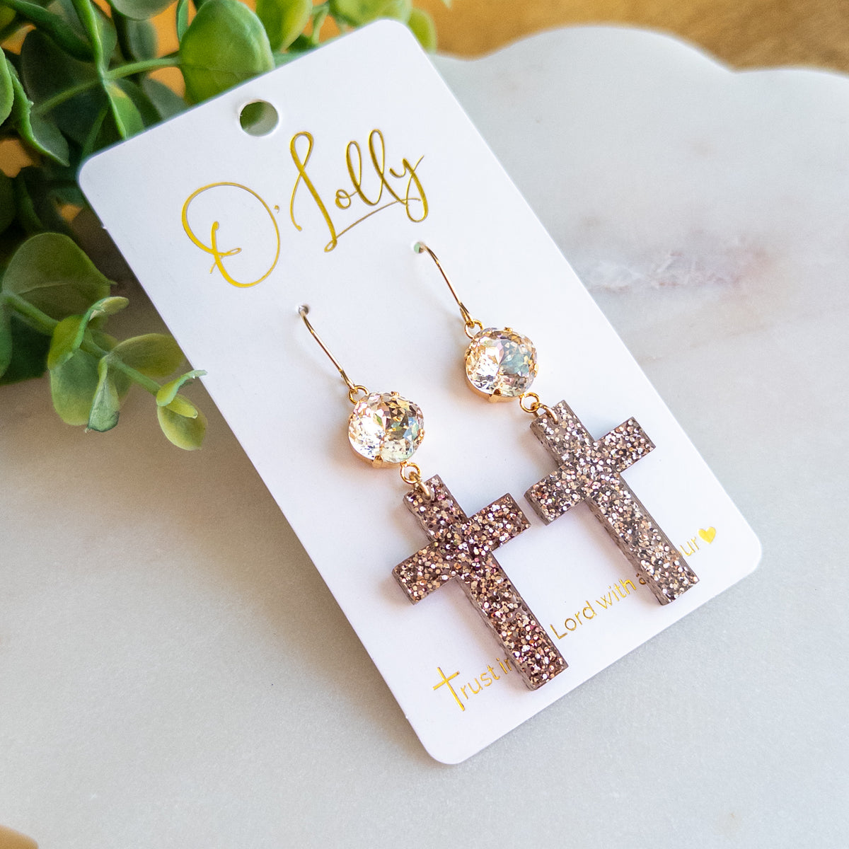 Brown Glitter Cross Dangle Earrings – Sparkling Crystal Accents