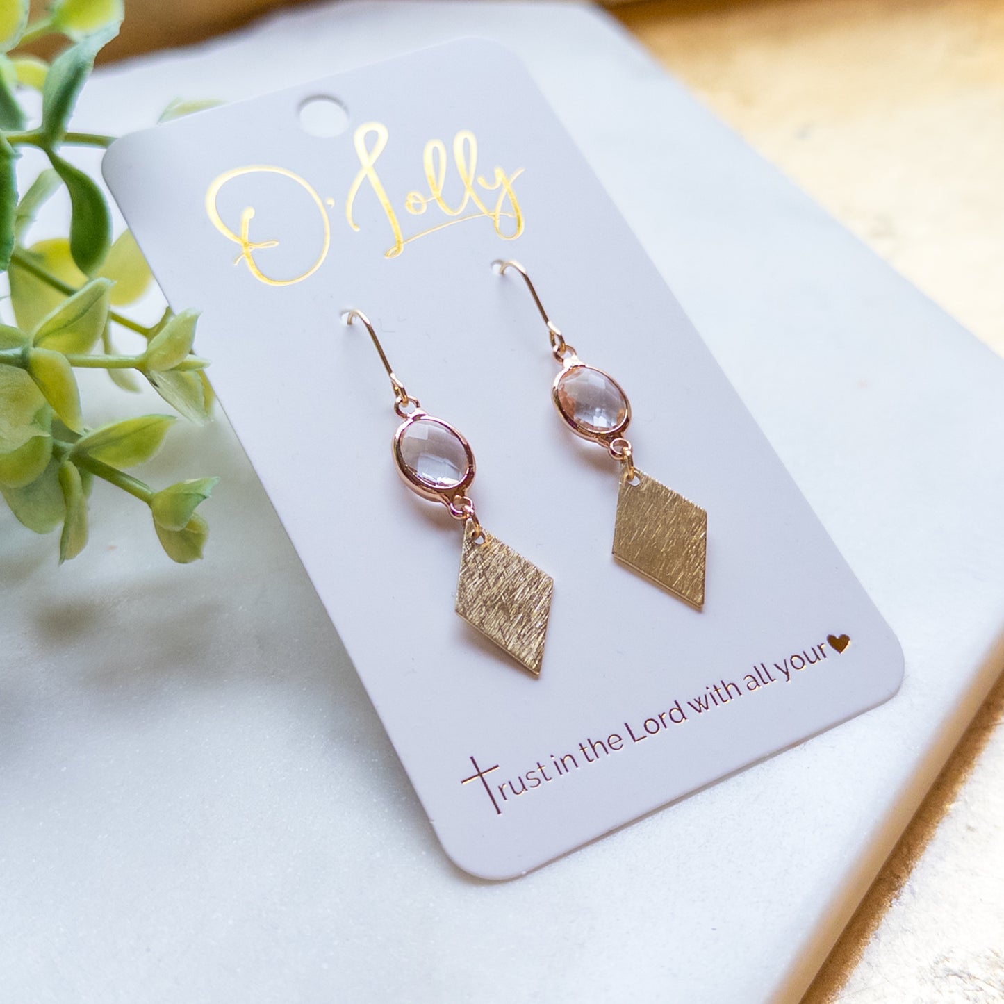 Clear Glass Connector w/Diamond Shaped Gold Plated Dangle Earrings- “Tina”