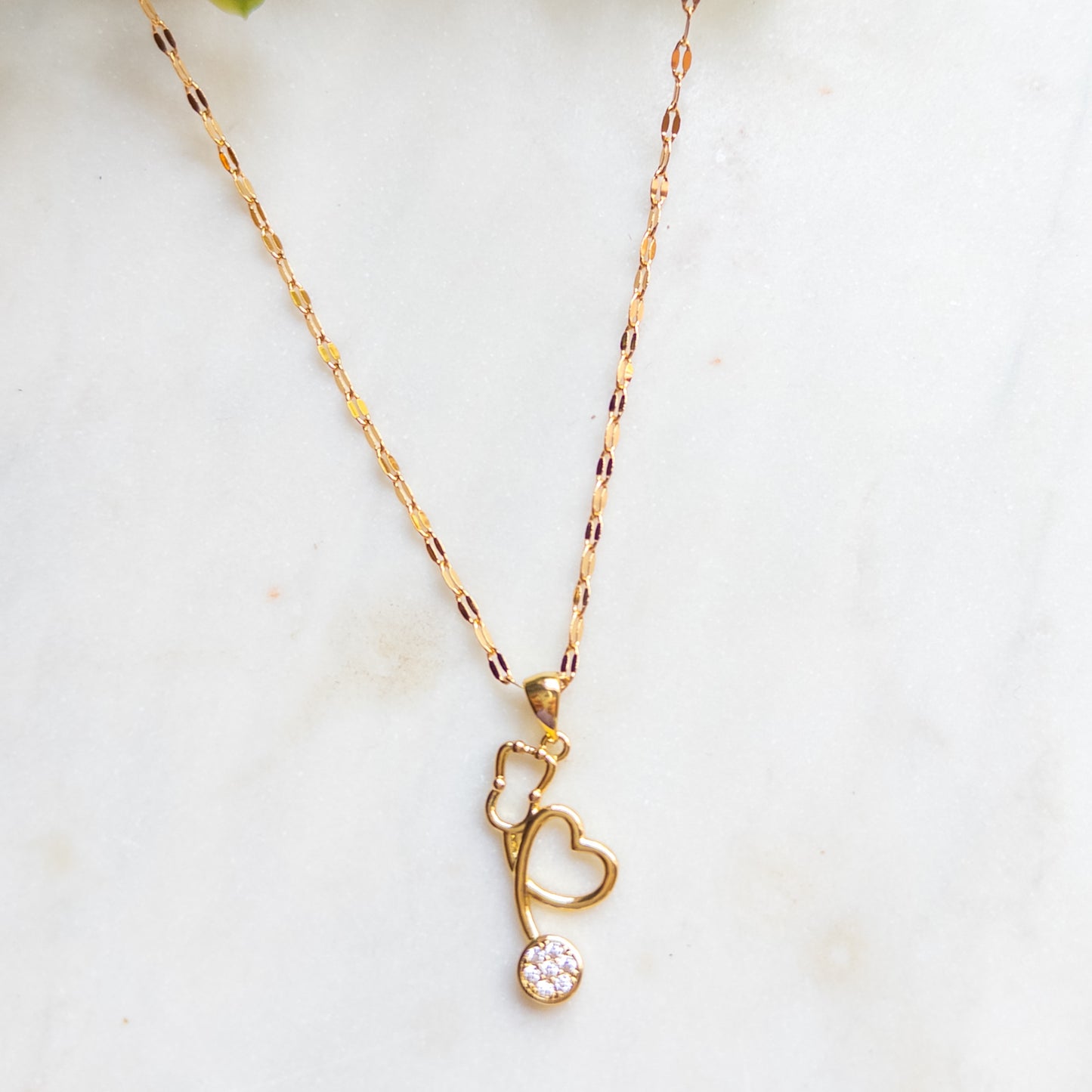 Gold Crystal Stethoscope Heart Pendant Necklace