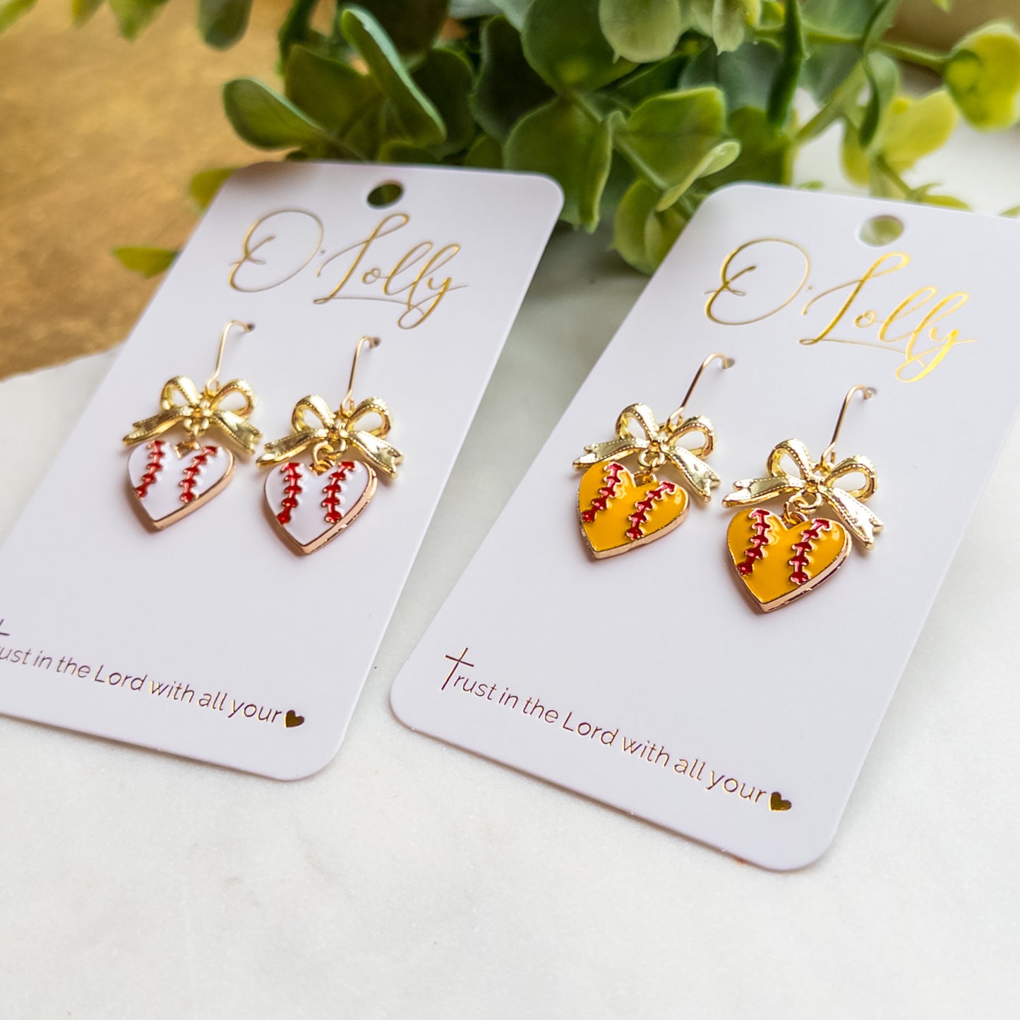 Baseball & Softball Heart Dangle Earrings w/Gold Bow