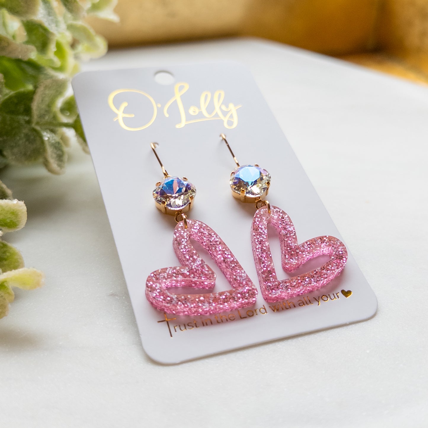 Pink Glitter Open Heart Acrylic Earrings w/Clear ML Stone