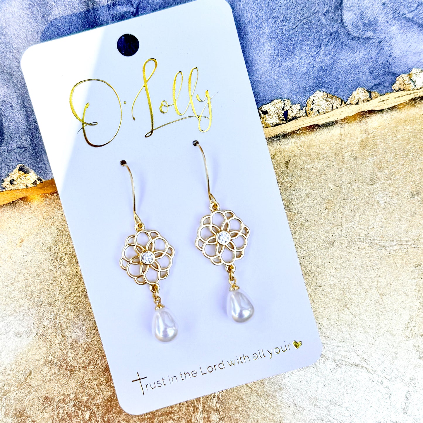 O’Lolly “Diana” Earrings- Gold Flower w/Pearl Teardrop