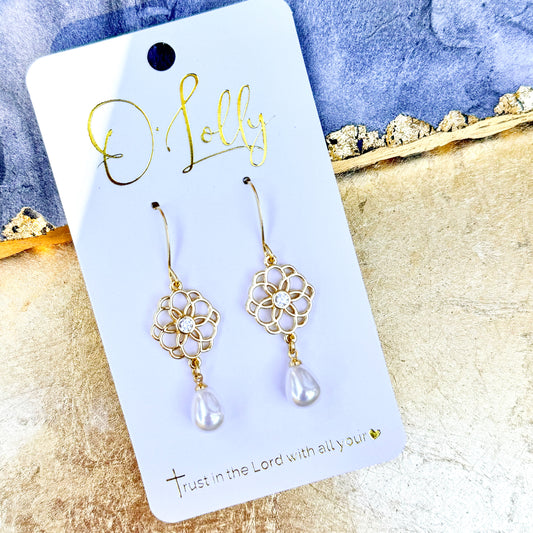 O’Lolly “Diana” Earrings- Gold Flower w/Pearl Teardrop