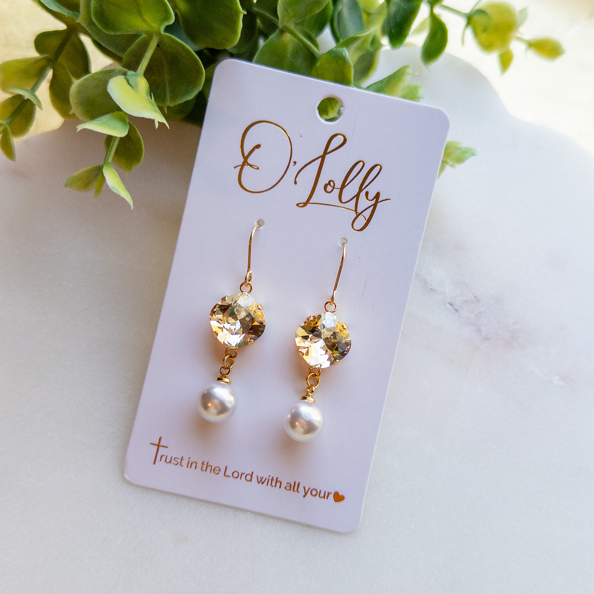 Gold Champagne Crystal Pearl Drop Earrings “Rebecca”
