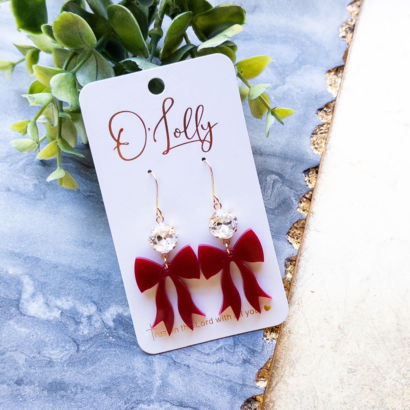 Dark Red Acrylic Bow w/Clear Stone Earrings