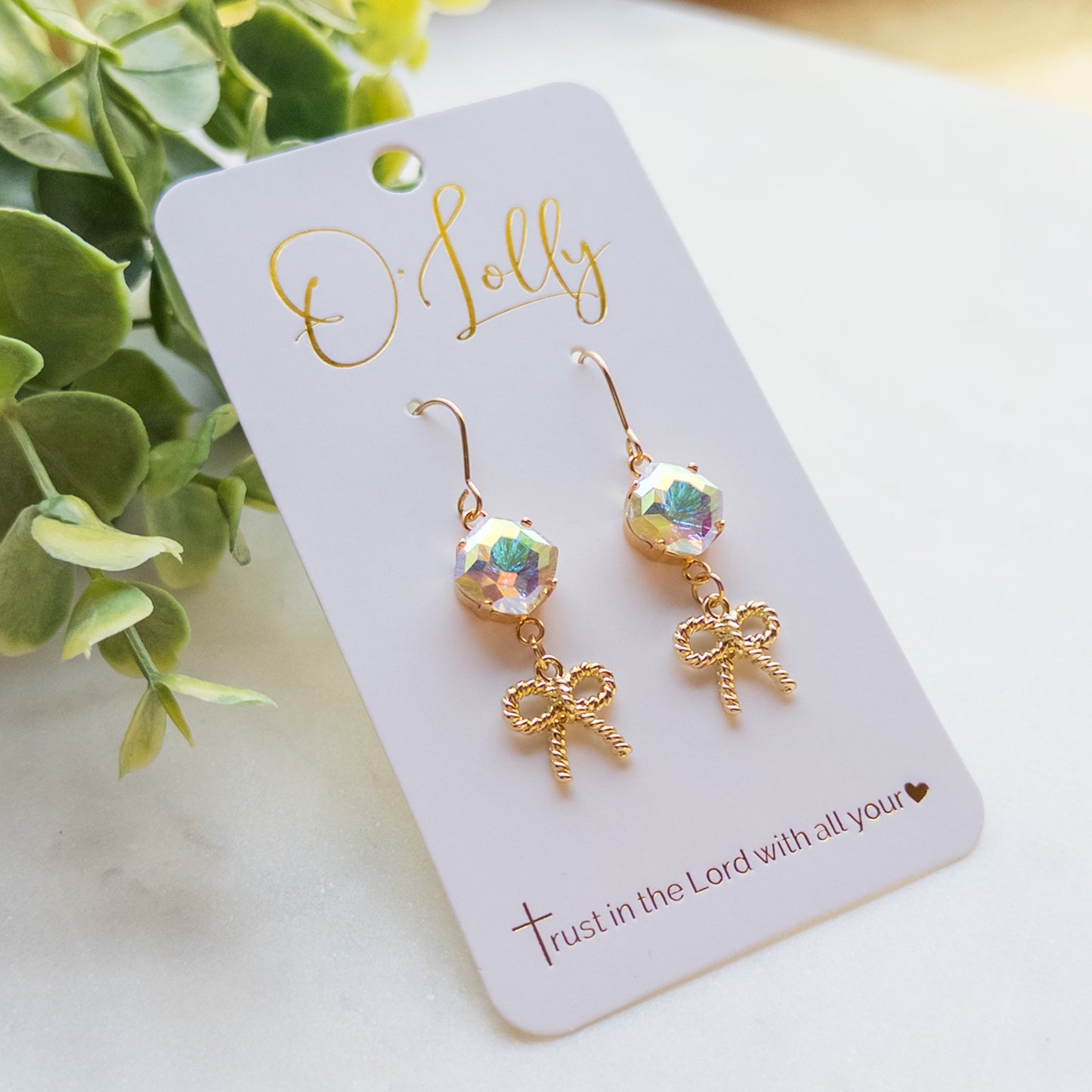 AB Stone w/Dainty Gold Bow Dangle Earrings “Tabitha”