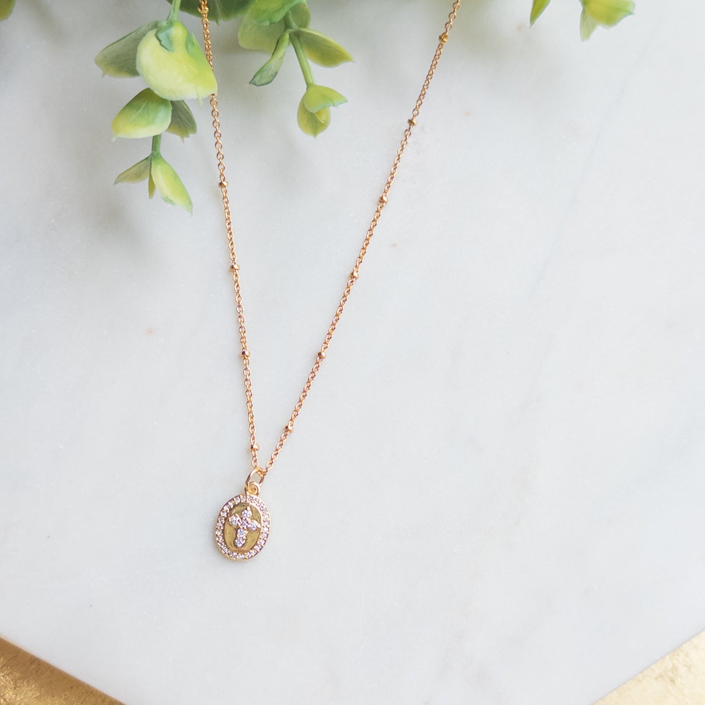 18K Gold Plated Beaded Chain w/Gold Oval Rhinestone Cross Charm Necklace