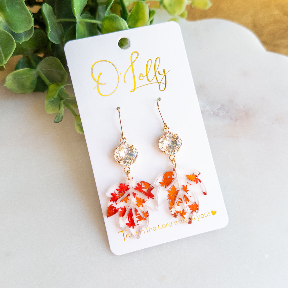 Fall Maple Leaf Dangle Earrings – Red & Orange Autumn Leaves with Sparkling Crystals