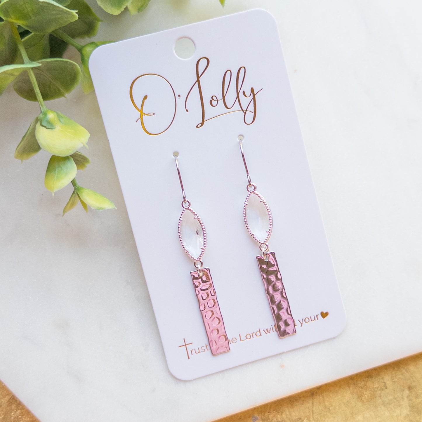 Clear Silver Glass Connector w/Textured Bar Dangle Earrings “Tracee”