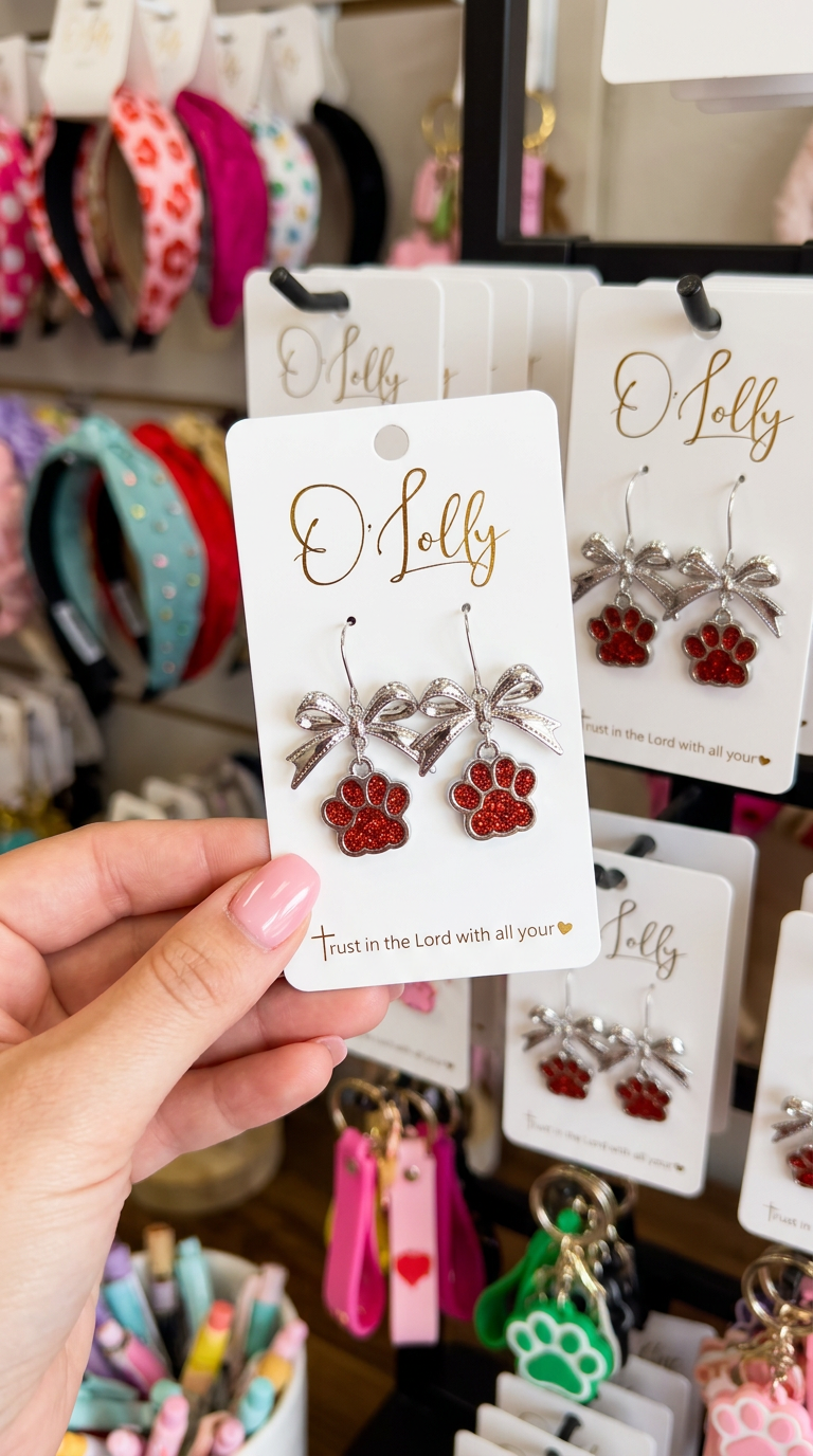 Red Glitter Paw Print Silver Bow Earrings