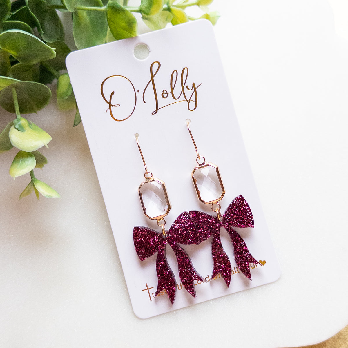 Maroon Glitter Bow & Crystal Gold Drop Earrings “Rosalie”