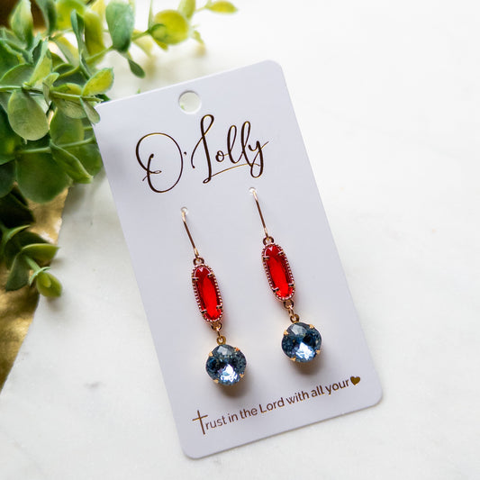 Red & Blue Crystal Drop Earrings | Gold-Tone Dangle Earrings “Scarlett”