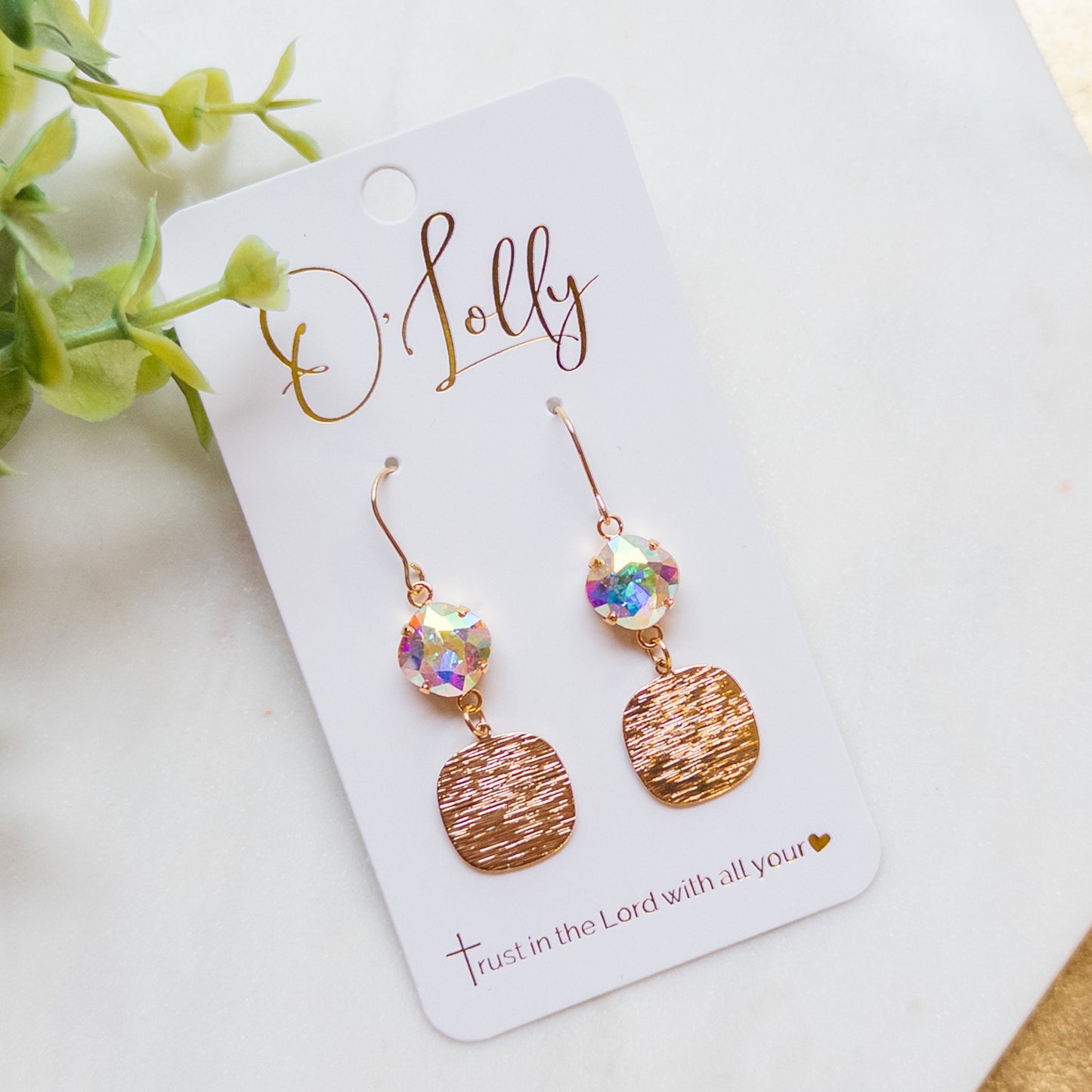 AB Stone w/Gold Textured Square Dangle Earrings “Kinsley”