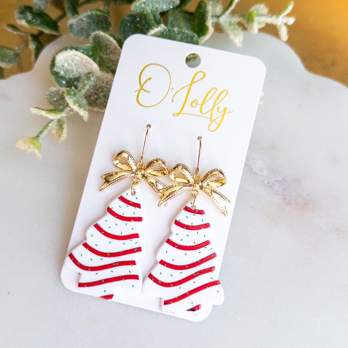 Christmas Tree Cake Dangle Earrings – Red Glitter Stripes with Gold Bows