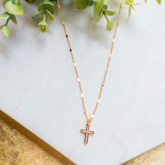 18K Gold Plated Chain w/Rhinestone Cross Charm Necklace