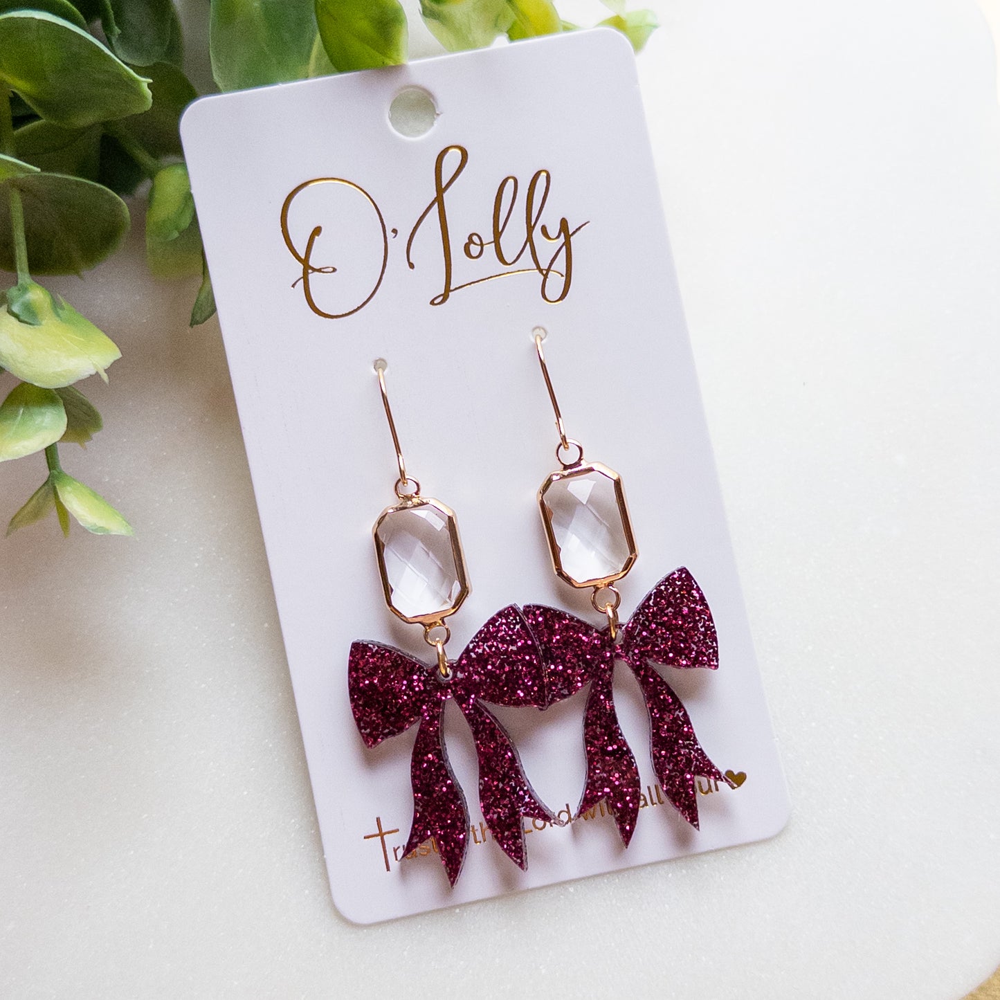 Maroon Glitter Bow & Crystal Gold Drop Earrings “Rosalie”