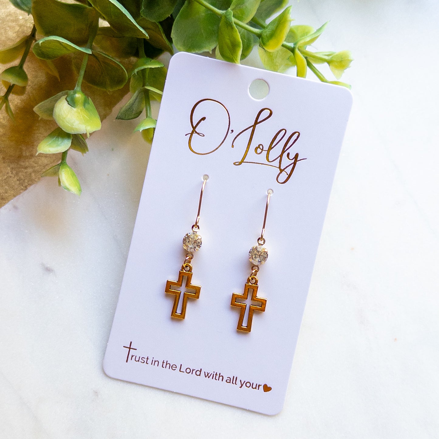 Antique Gold Cross & Crystal Dangle Earrings