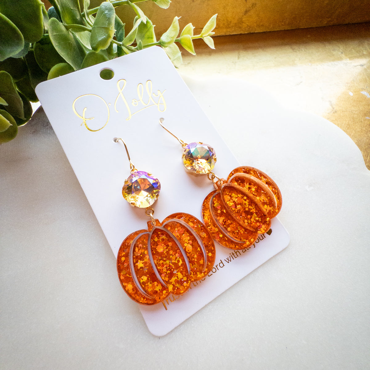 Orange Glitter Pumpkin Dangle Earrings – Sparkling Crystal Accents