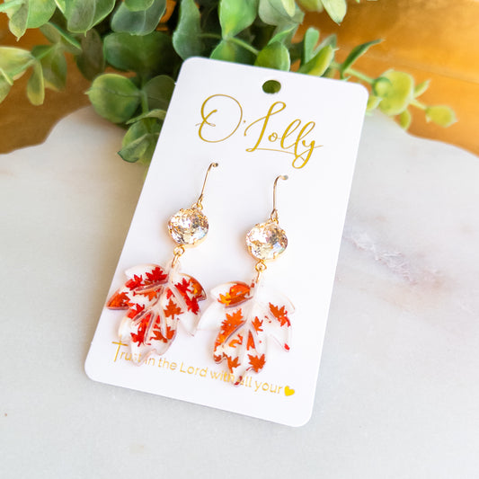 Fall Maple Leaf Dangle Earrings – Red & Orange Autumn Leaves with Sparkling Crystals